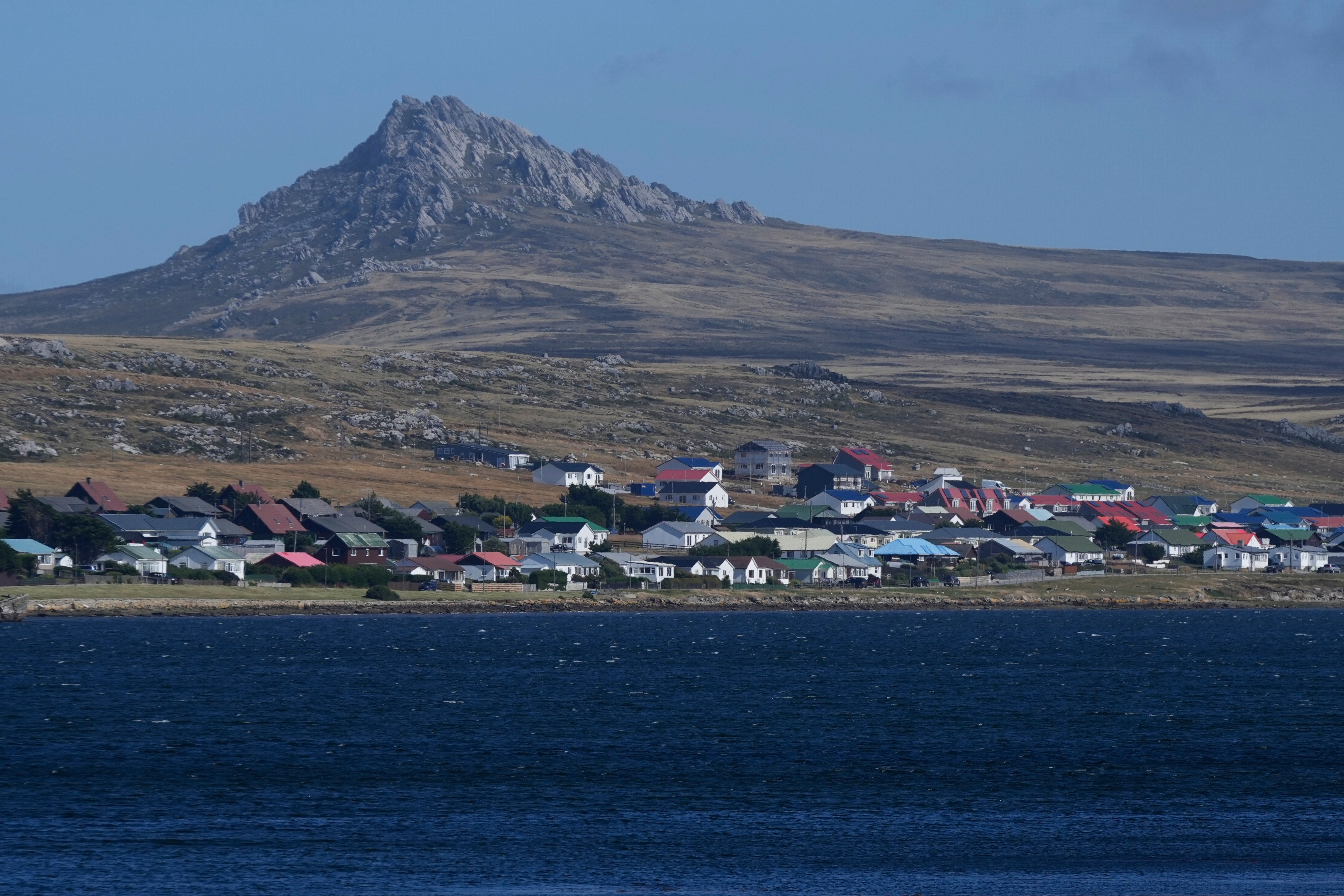 FILE - Mount Tumbledown stands tall behind Stanley on the Falkland Islands, also known as Islas Malvinas, March 16, 2026.
